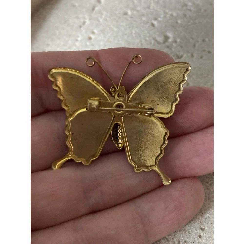 Whimsical Orange Enamel Butterfly‎ Brooch Gold Tone Glitter Pin Fairy Novelty